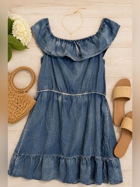 JustFab Chambray Off Shoulder Ruffle Dress | Denim Look Boho Midi Dress Large